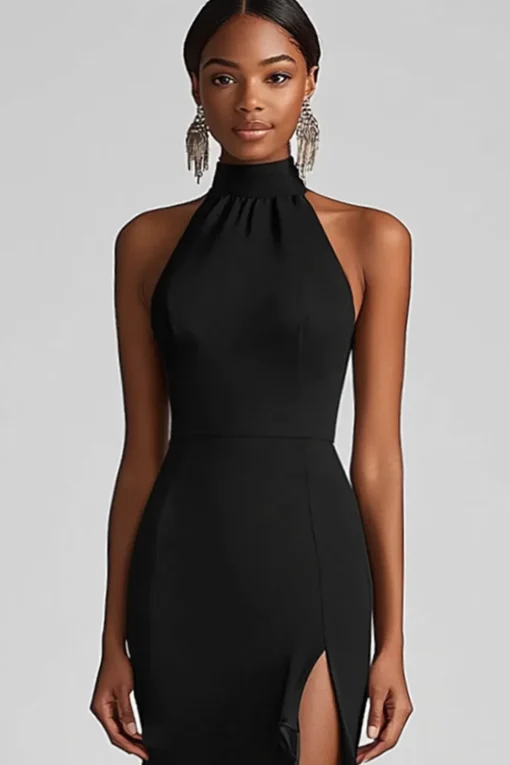 Halter Neck Ruffles Mermaid Black Tie Dress with Slit