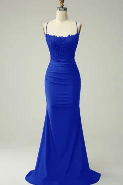 Halter Royal Blue Mermaid Prom Dress with Beading