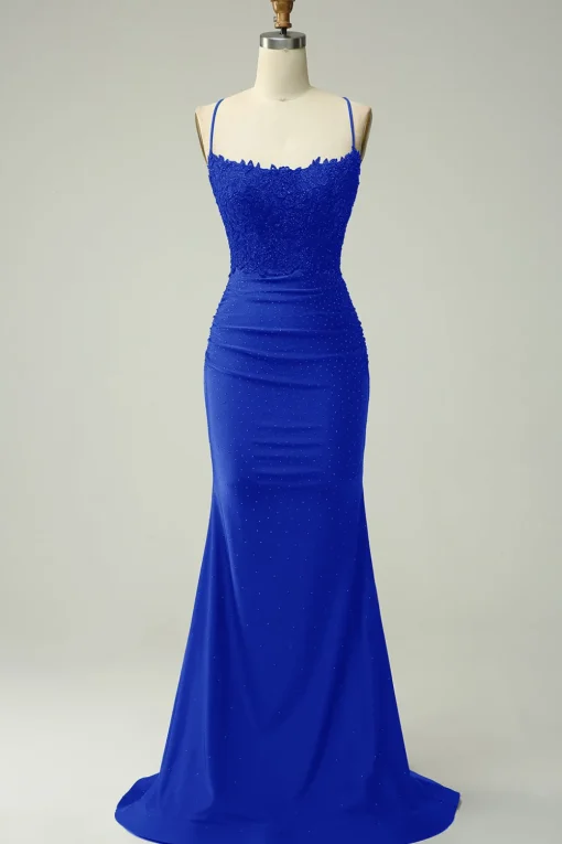 Halter Royal Blue Mermaid Prom Dress with Beading