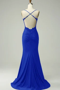Halter Royal Blue Mermaid Prom Dress with Beading