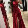 Halter Satin A-line Satin Prom Dress with Slit