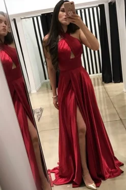 Halter Satin A-line Satin Prom Dress with Slit
