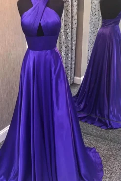 Halter Satin A-line Satin Prom Dress with Slit