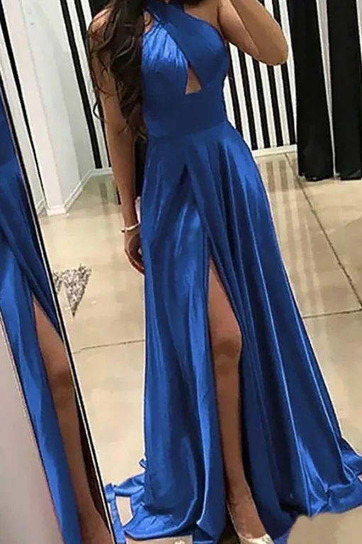 Halter Satin A-line Satin Prom Dress with Slit