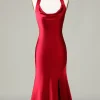 Halter Sleeveless Burgundy Tea-Length Bridesmaid Dress with Slit