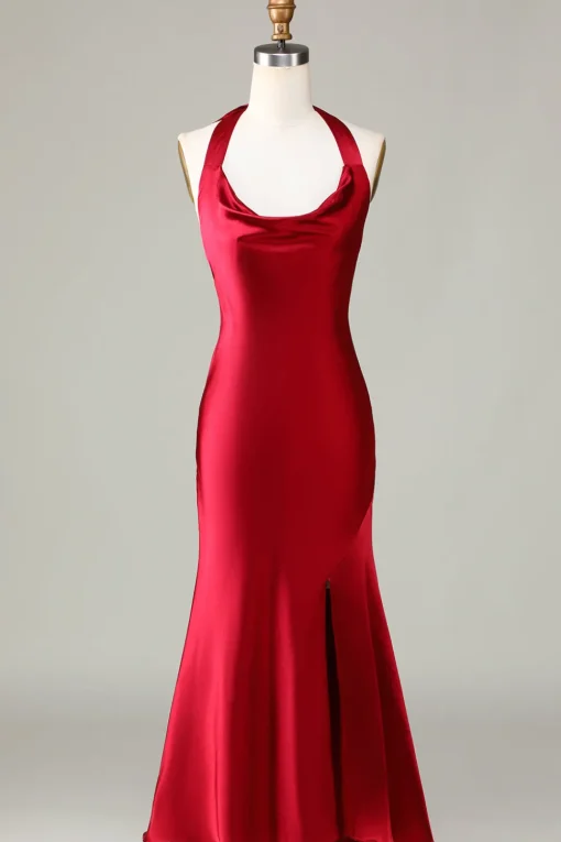 Halter Sleeveless Burgundy Tea-Length Bridesmaid Dress with Slit