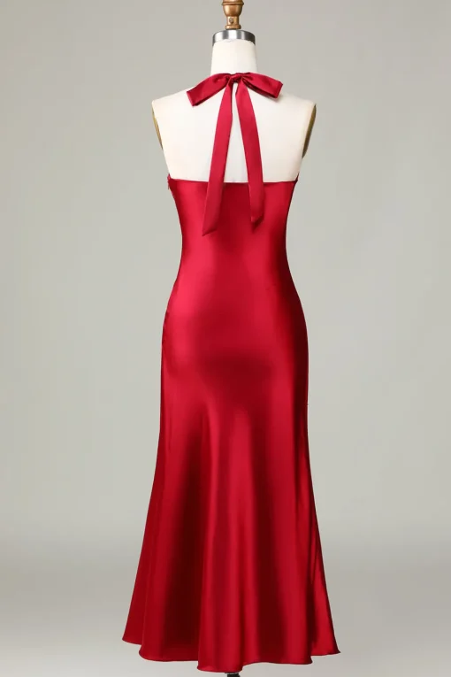Halter Sleeveless Burgundy Tea-Length Bridesmaid Dress with Slit