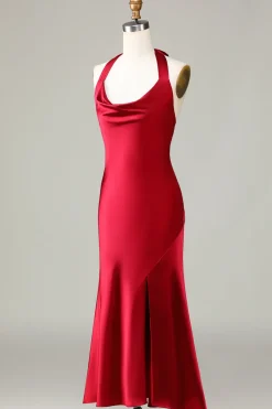 Halter Sleeveless Burgundy Tea-Length Bridesmaid Dress with Slit