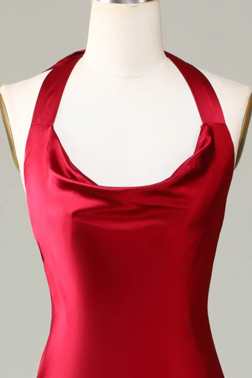 Halter Sleeveless Burgundy Tea-Length Bridesmaid Dress with Slit