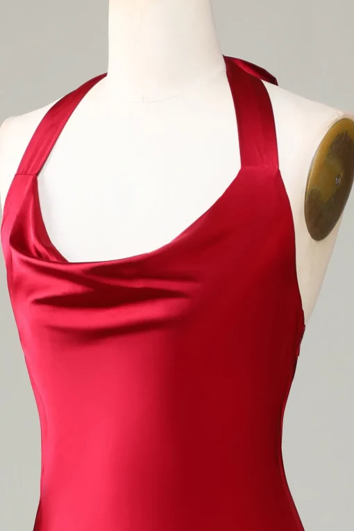 Halter Sleeveless Burgundy Tea-Length Bridesmaid Dress with Slit