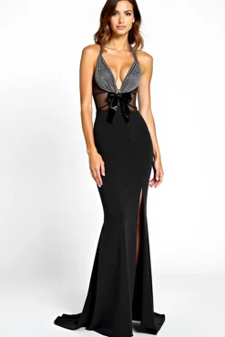 Halter Slit Long Mermaid Black Tie Dress