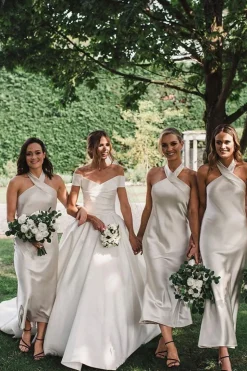 Halter Tea-Length Sleeveless Silver Satin Bridesmaid Dress