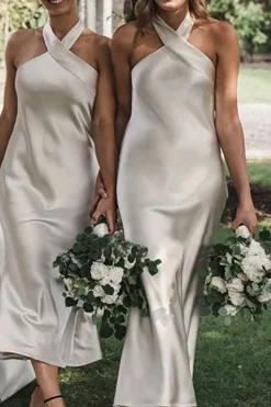 Halter Tea-Length Sleeveless Silver Satin Bridesmaid Dress