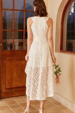 High Low White Graduation Dress with Lace Sleeveless