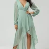 High-low Chiffon A Line Green Bridesmaid Dress with Long Sleeves