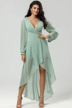 High-low Chiffon A Line Green Bridesmaid Dress with Long Sleeves
