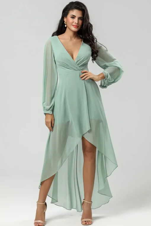 High-low Chiffon A Line Green Bridesmaid Dress with Long Sleeves