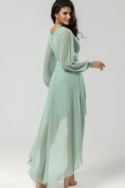High-low Chiffon A Line Green Bridesmaid Dress with Long Sleeves