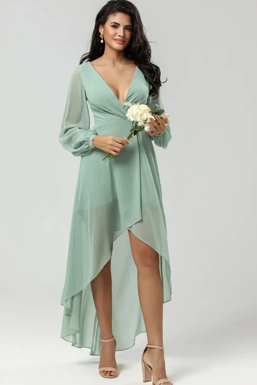 High-low Chiffon A Line Green Bridesmaid Dress with Long Sleeves