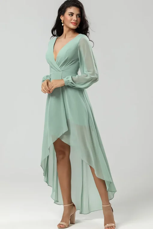 High-low Chiffon A Line Green Bridesmaid Dress with Long Sleeves