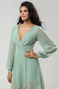 High-low Chiffon A Line Green Bridesmaid Dress with Long Sleeves