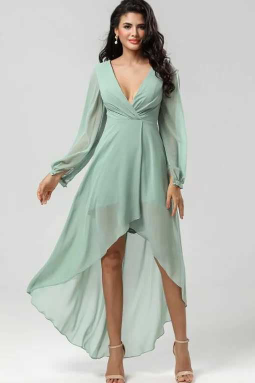 High-low Chiffon A Line Green Bridesmaid Dress with Long Sleeves