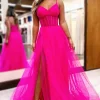 Hot Pink A Line Corset Prom Dress with Slit