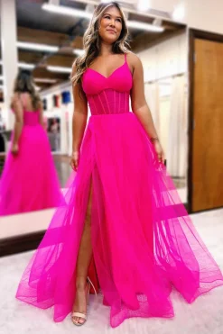 Hot Pink A Line Corset Prom Dress with Slit