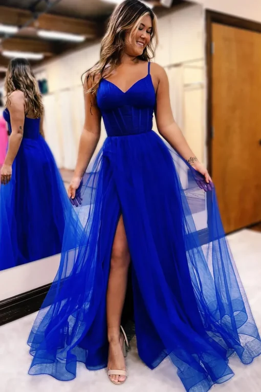 Hot Pink A Line Corset Prom Dress with Slit