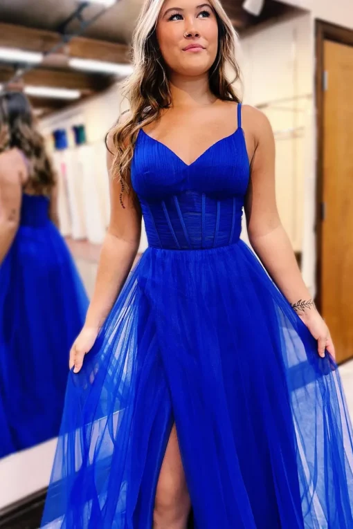 Hot Pink A Line Corset Prom Dress with Slit