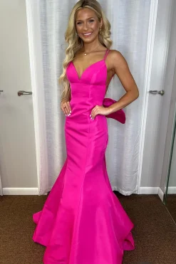 Hot Pink Bowknot Mermaid Spaghetti Straps Long Prom Dress