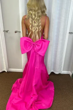 Hot Pink Bowknot Mermaid Spaghetti Straps Long Prom Dress