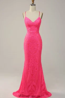 Hot Pink Mermaid Spaghetti Straps Sparkly Prom Dress with Sequins
