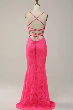 Hot Pink Mermaid Spaghetti Straps Sparkly Prom Dress with Sequins
