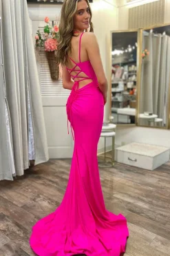 Hot Pink Mermaid Spaghetti Straps Long Prom Dress with Slit