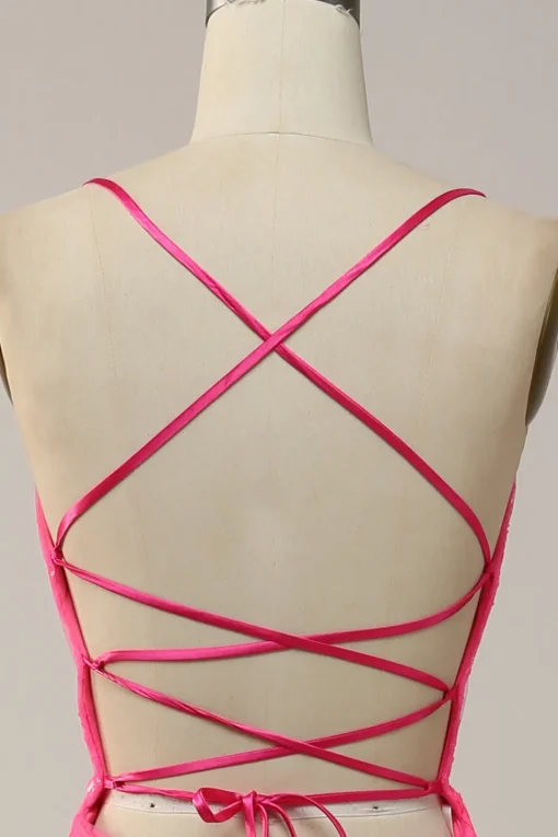 Hot Pink Mermaid Spaghetti Straps Sparkly Prom Dress with Sequins