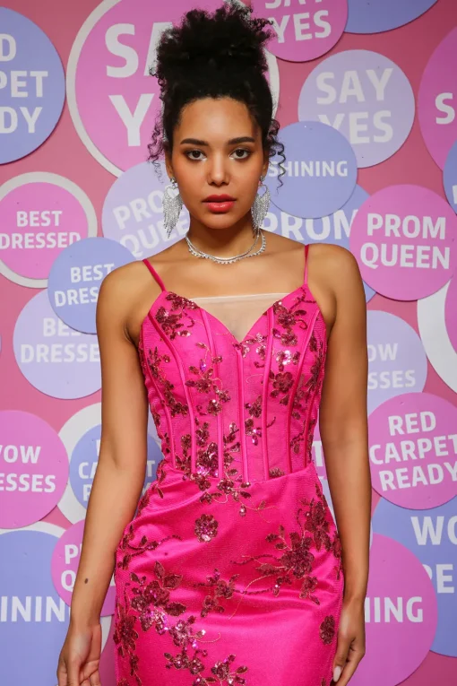 Hot Pink Sequins Print Mermaid Corset Prom Dress