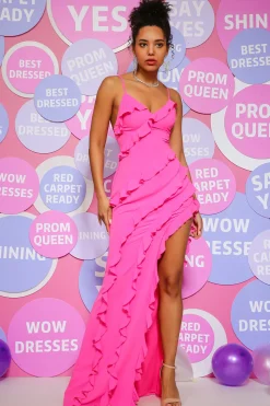 Hot Pink Sheath Ruffles Prom Dress with Slit
