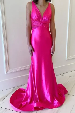 Hot Pink Sparkly Mermaid Pleated V Neck Prom Dress