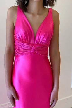 Hot Pink Sparkly Mermaid Pleated V Neck Prom Dress