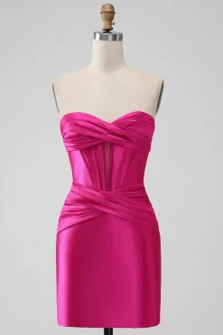 Hot Pink Strapless Corset Short Graduation Dress