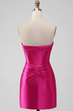 Hot Pink Strapless Corset Short Graduation Dress