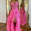 Hot Pink Strapless Tiered Corset Prom Dress with Slit