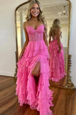Hot Pink Strapless Tiered Corset Prom Dress with Slit