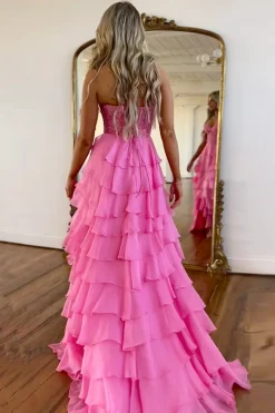 Hot Pink Strapless Tiered Corset Prom Dress with Slit