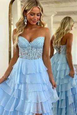 Hot Pink Strapless Tiered Corset Prom Dress with Slit