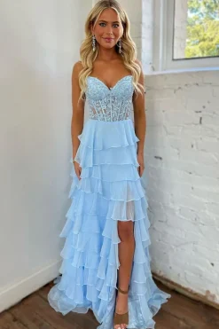 Hot Pink Strapless Tiered Corset Prom Dress with Slit