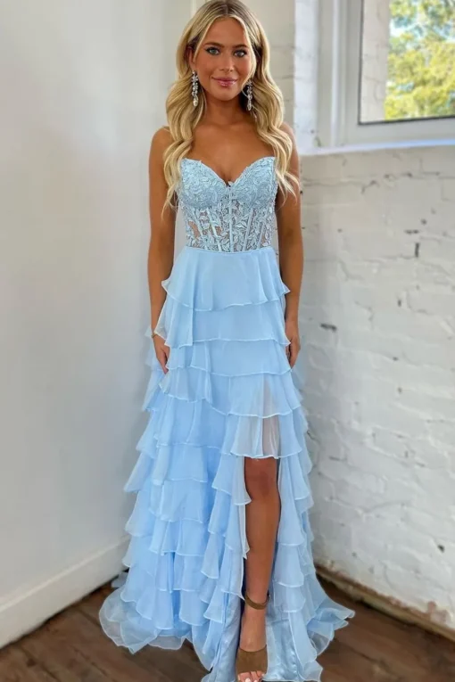 Hot Pink Strapless Tiered Corset Prom Dress with Slit