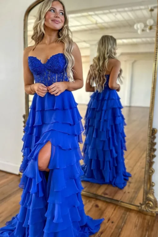 Hot Pink Strapless Tiered Corset Prom Dress with Slit