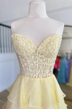 Hot Pink Strapless Tiered Corset Prom Dress with Slit
